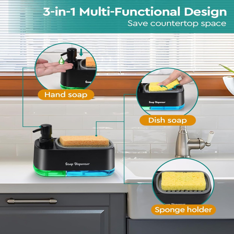 Dish Soap Dispenser and Hand Soap Dispenser Set with Sponge Holder, 3 in 1 Soap Dispenser with Dual Soap Pump for Kitchen Sink