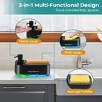 Dish Soap Dispenser and Hand Soap Dispenser Set with Sponge Holder, 3 in 1 Soap Dispenser with Dual Soap Pump for Kitchen Sink