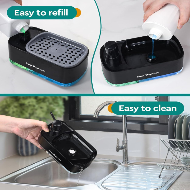 Dish Soap Dispenser and Hand Soap Dispenser Set with Sponge Holder, 3 in 1 Soap Dispenser with Dual Soap Pump for Kitchen Sink