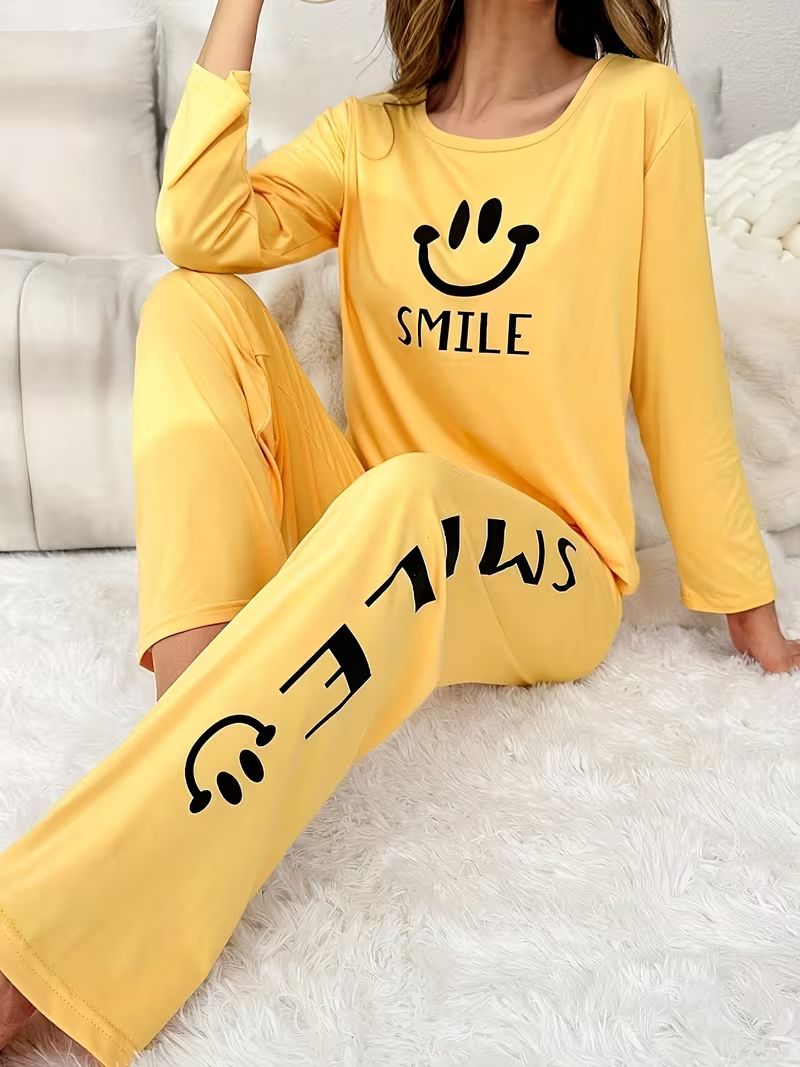 Cartoon Print Pajama Set, Casual Crew Neck Long Sleeve Top And Pants, Casual Comfortable Sleepwear, Women'S Pajamas And Loungewear