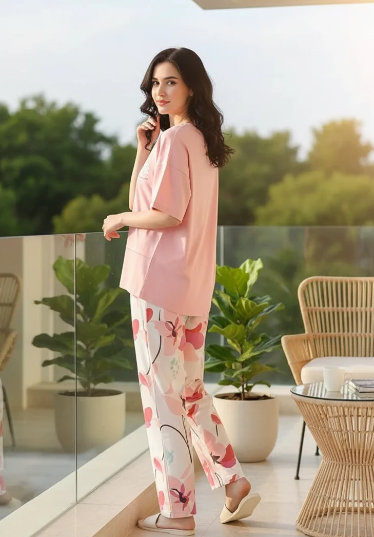 Pink but printed Night suit
