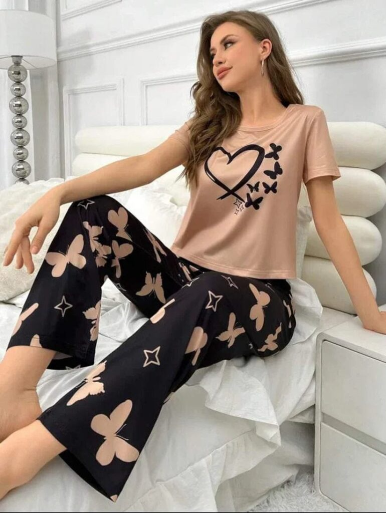 Elegant Women's Butterfly Print Cotton Jersey Night Suit – Soft, Breathable & Comfortable Sleepwear