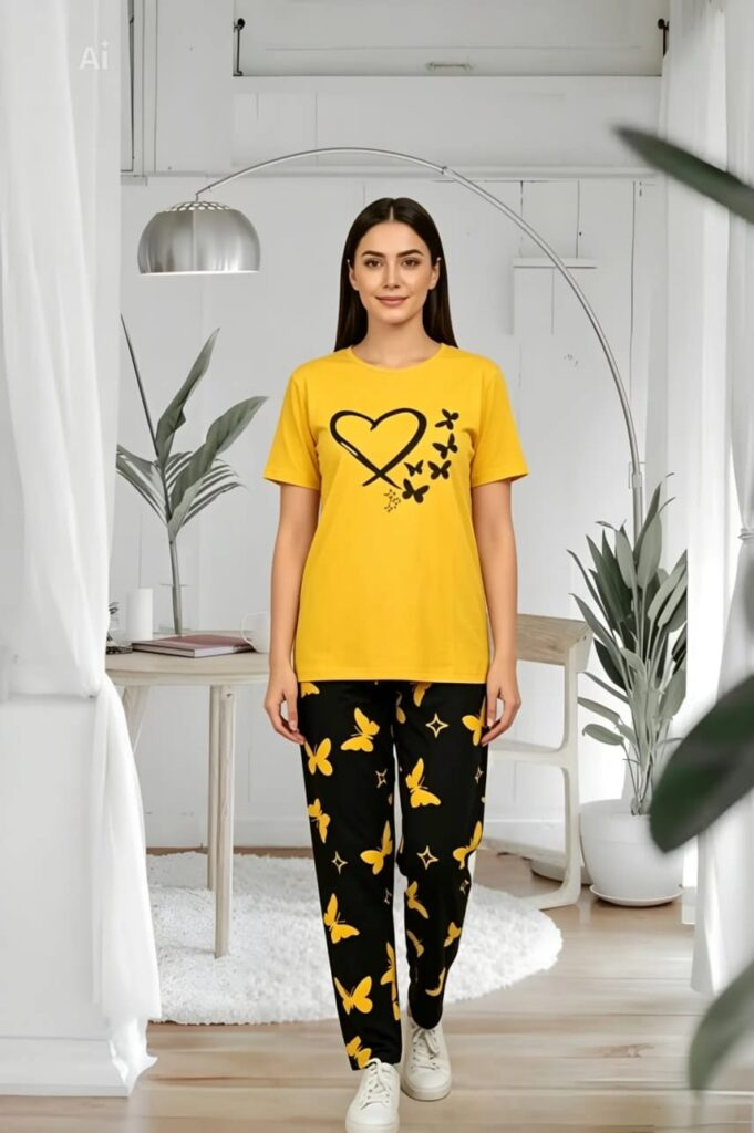 Elegant Women's Butterfly Print Cotton Jersey Night Suit – Soft, Breathable & Comfortable Sleepwear