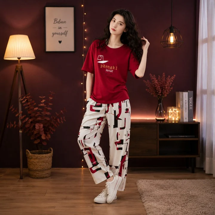 Red Pkneck Printed Lounge Wear
