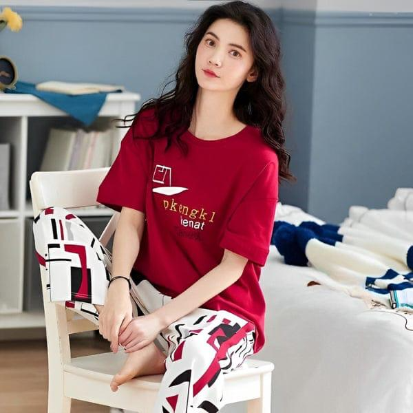Red Pkneck Printed Lounge Wear