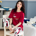 Red Pkneck Printed Lounge Wear
